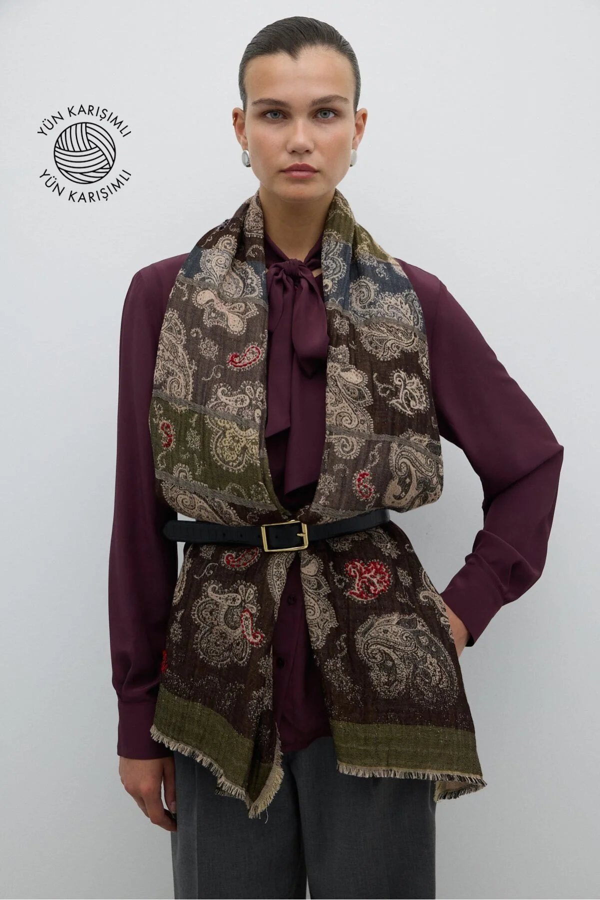 Yün Karışımlı Desenli Şal Standart Renk - 1