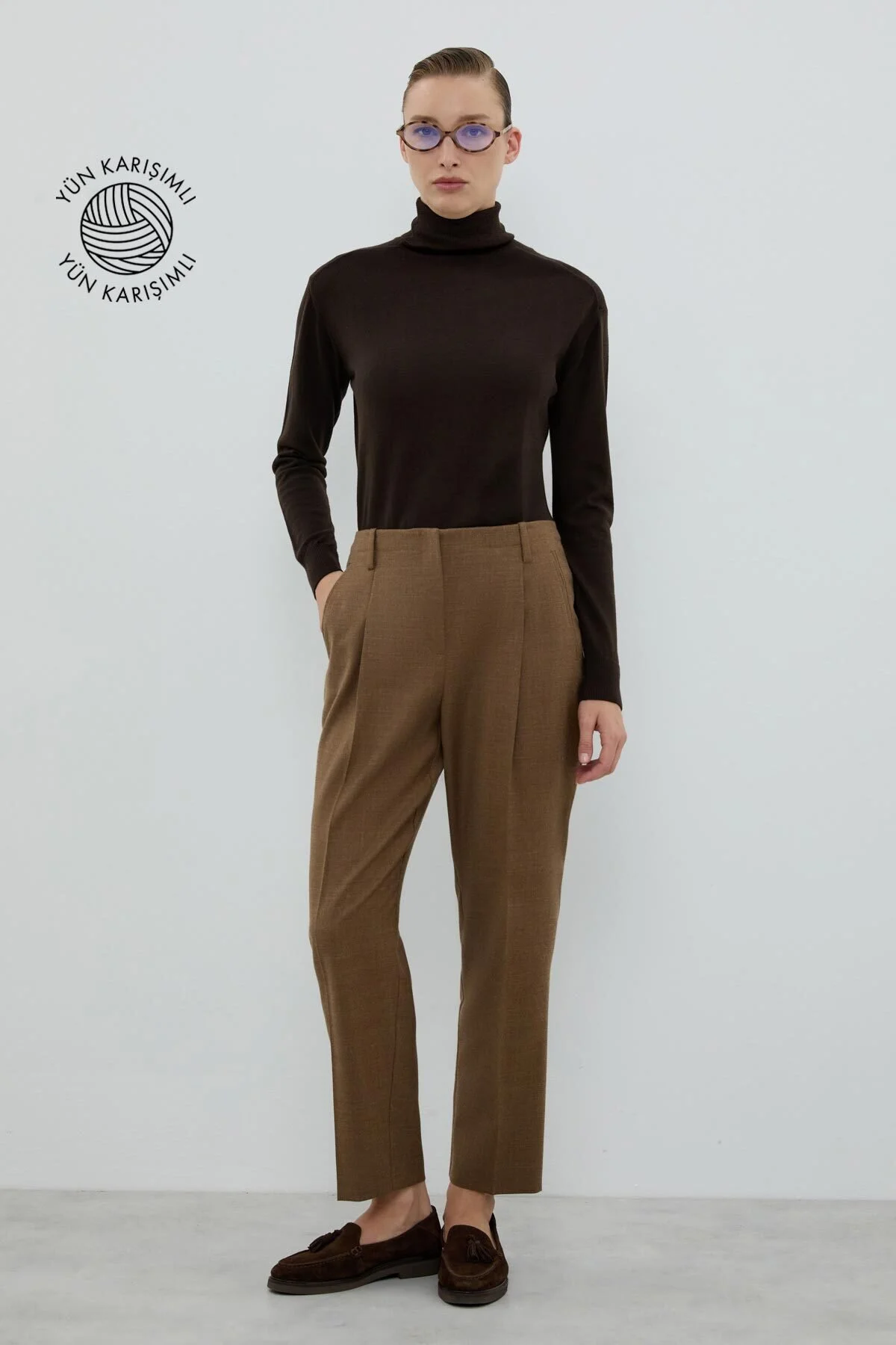 Yün Karışımlı Tek Pileli Havuç Pantolon Kahve - 1