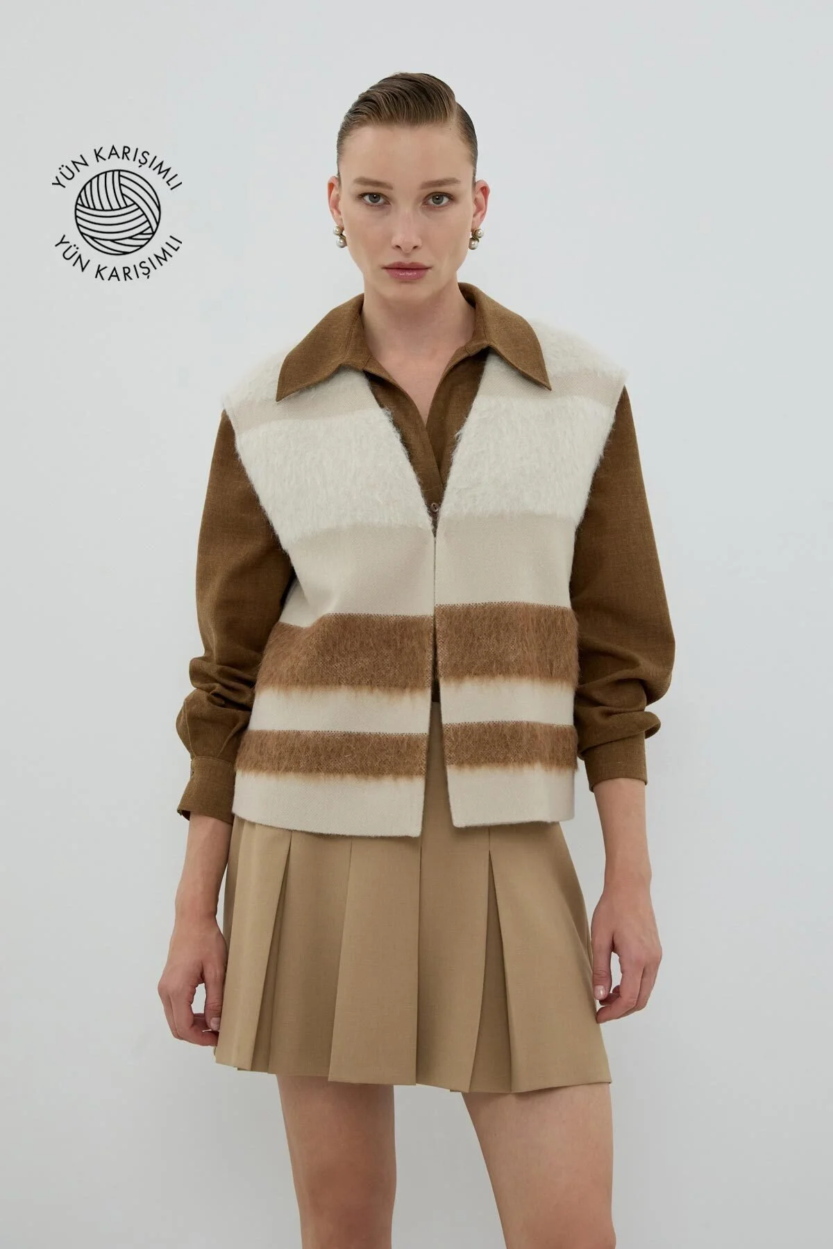 Yün Karışımlı V Yaka Yelek Camel - Bej - 1