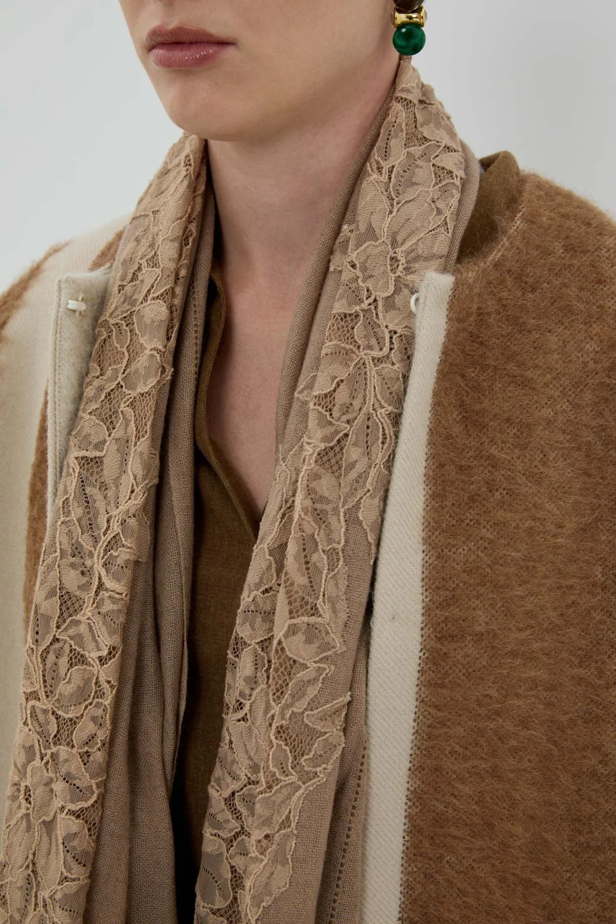 Yün ve Kaşmir Karışımlı Desenli Şal Açık Kahve - 2