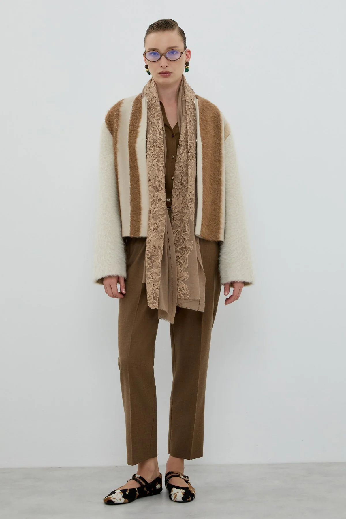 Yün ve Kaşmir Karışımlı Desenli Şal Açık Kahve - 3