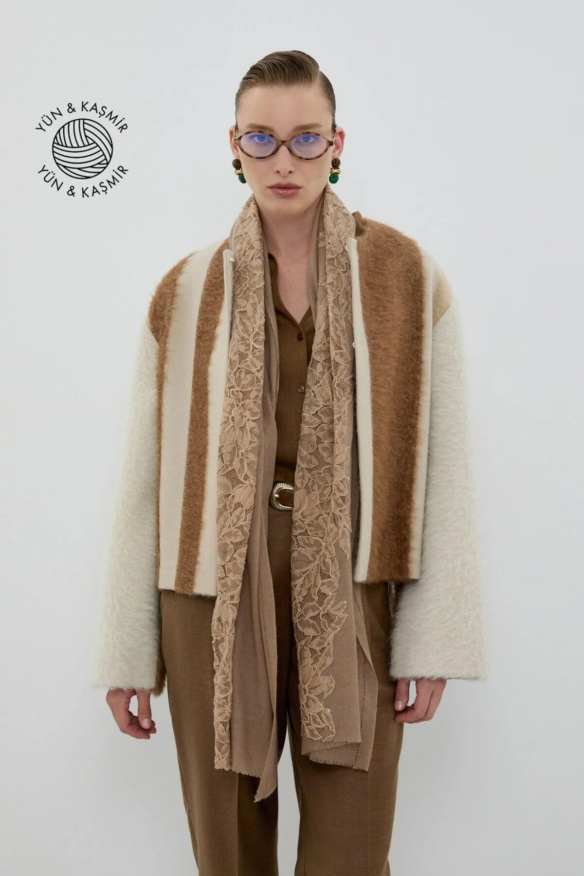 Yün ve Kaşmir Karışımlı Desenli Şal Açık Kahve - 1