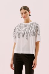 Arkası Yırtmaçlı Baskılı Kısa Kol T-shirt Beyaz Beyaz