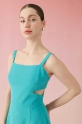 Askılı Mini Krep Elbise Turkuaz - 4