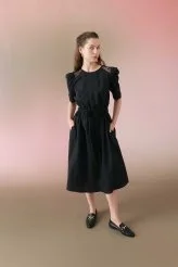 Beli Büzgülü Keten Midi Elbise Siyah - 1