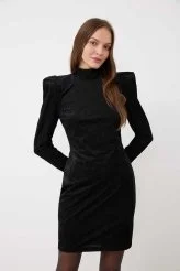 Kadife Çizgili Vatkalı Mini Elbise Siyah - 1