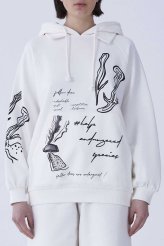 Desenli Kapüşonlu Sweatshirt Beyaz Beyaz