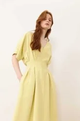 Gizli Fermuarlı Çift Pileli Elbise Sarı - 3