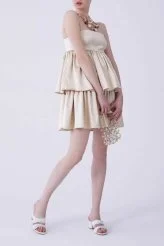 İp Askılı Katlı Saten Kemik Mini Elbise Kemik - 4
