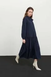 Gofreli Kumaş Midi Boy Uzun Kollu Elbise Standart Renk - 5