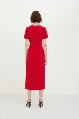 Beli Kemerli Kısa Kol Crep Elbise Kırmızı - 2
