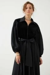 Balon Kol Fermuarlı Midi Elbise Siyah - 3