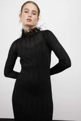 Yakası Otrişli Uzun Kol Maxı Boy Triko Elbise Siyah - 5