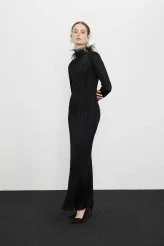 Yakası Otrişli Uzun Kol Maxı Boy Triko Elbise Siyah - 4