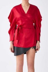 %100 İpek Kuşaklı Bluz Bordo 