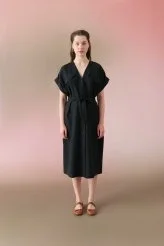 Kuşaklı V Yaka Keten Gömlek Elbise Siyah - 1