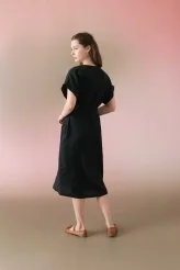Kuşaklı V Yaka Keten Gömlek Elbise Siyah - 2