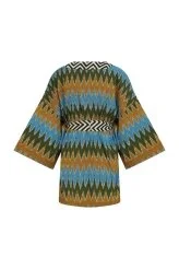 Kuşaklı Zigzag Desenli Kimono Standart Renk - 5