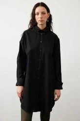 Poplin Yaka İğneli Gömlek Elbise Siyah - 1