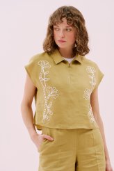 Önü Fermuarlı ve Nakış Detaylı Kolsuz Keten Bluz Olive Olive