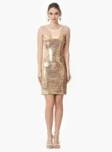 Payetli Yaka Detaylı Mini Gold Abiye Elbise Gold - 1