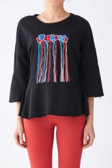 Püskül Detaylı Kadın T-Shirt Siyah Siyah