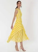 Volanlı Çizgili Uzun Elbise Sarı - 3