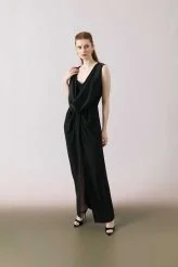 Büstiyerli Degaje Yaka Önden Yırtmaçlı Elbise Siyah - 4