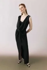 Büstiyerli Degaje Yaka Önden Yırtmaçlı Elbise Siyah - 5