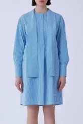 Yaka Detaylı Çizgili Günlük Elbise Mavi - Beyaz - 1