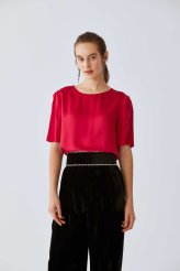 %100 İpek Yarım Kollu Bluz Bordo Bordo