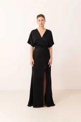 Yırtmaçlı Saten Elbise Siyah - 1
