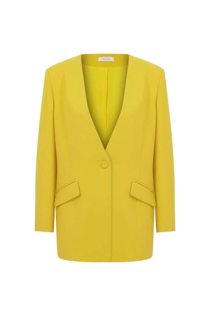  Kruvaze Krep Kadın Ceket Sarı - 4