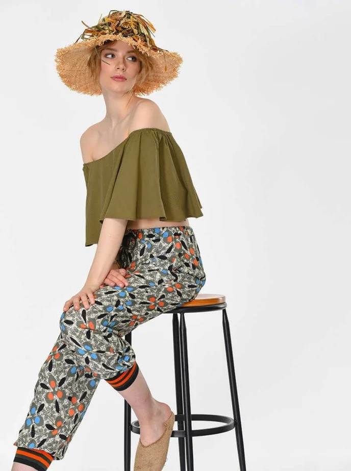 Paçası Lastikli Desenli Kadın Pantolon Standart Renk - 3