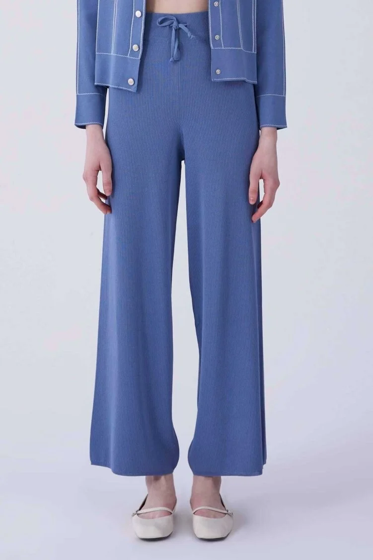 Belden Bağcıklı Triko Pantolon Mavi - 3
