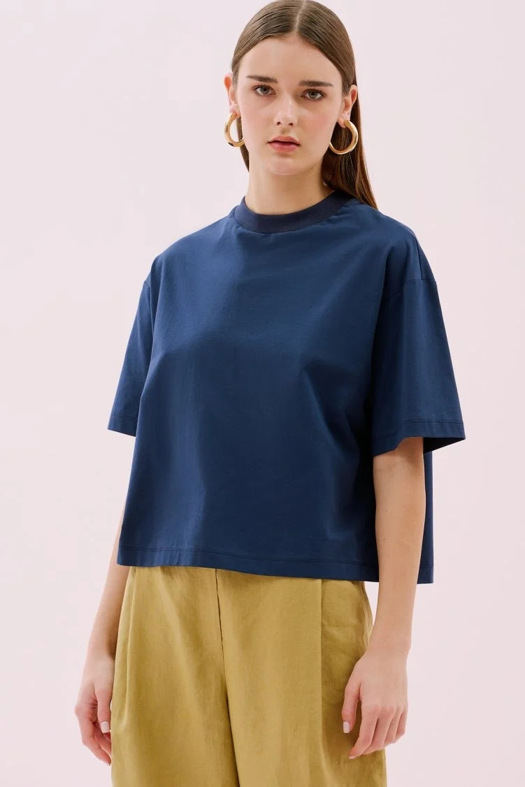 Bisiklet Yaka Kısa Kol Crop T-shirt Lacivert - 3