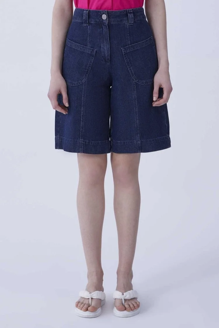 Cep Detaylı Denim Kadın Bermuda Lacivert - 3