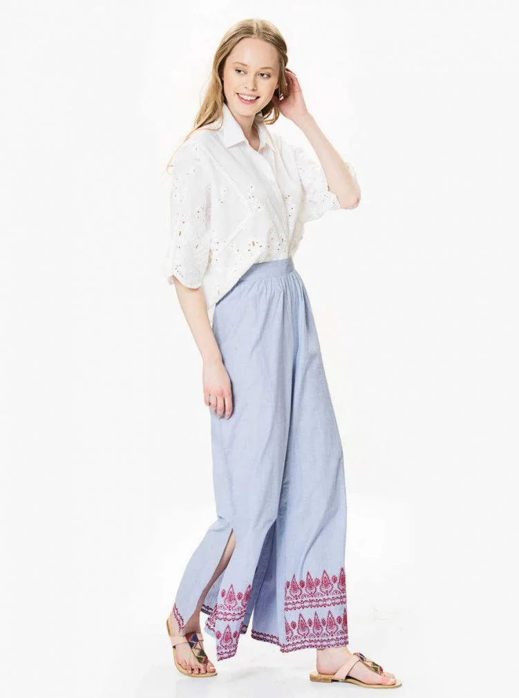 Etnik Desenli Bol Paça Pantolon Mavi - 3