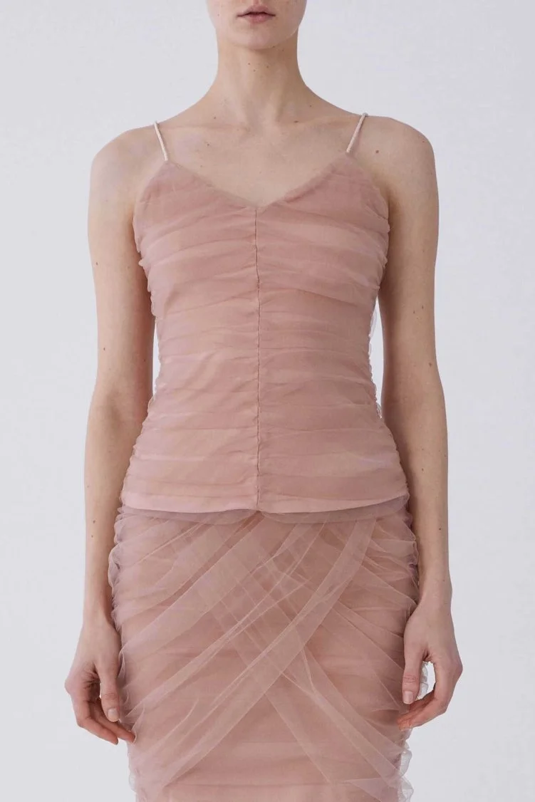 İp Askılı Drape Tüllü Bluz Pudra - 3