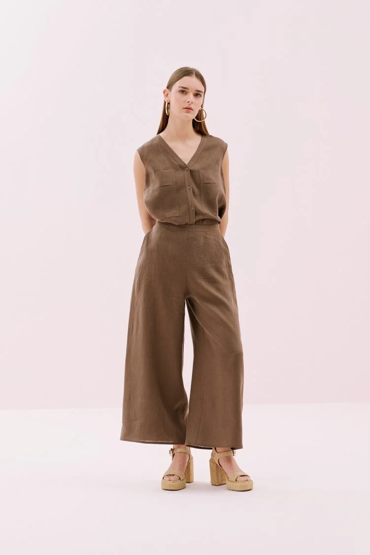 Keten Geniş Paça Pantolon Kahve - 3