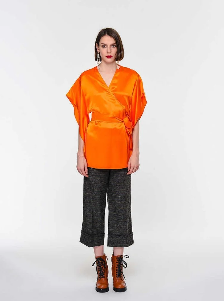%100 İpek Kuşaklı Bluz Oranj - 3
