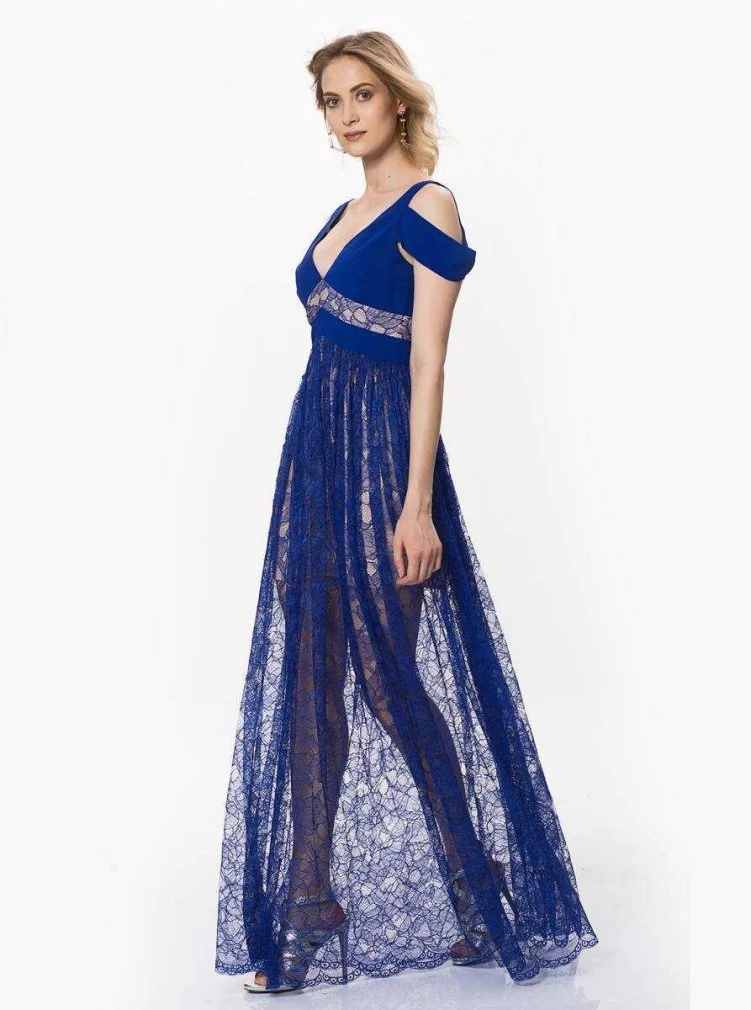 Omuz Detaylı Dantelli Elbise Saks - 3