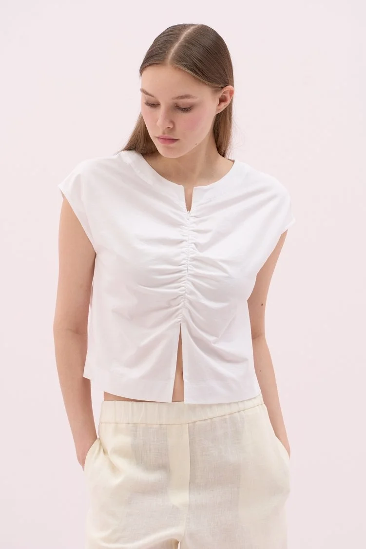 Önü Fermuarlı Kolsuz T-Shirt Beyaz - 3
