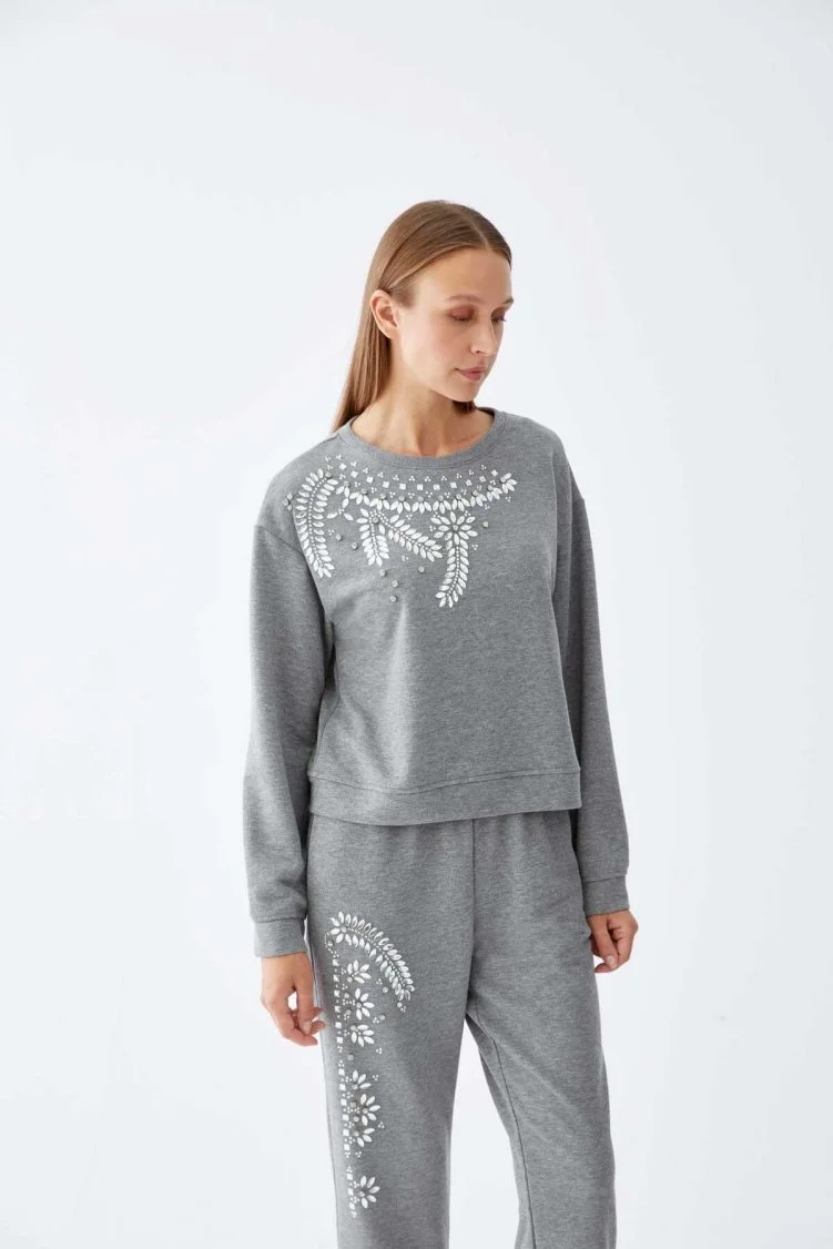  Taş Detaylı Kadın Sweatshirt Gri - 5