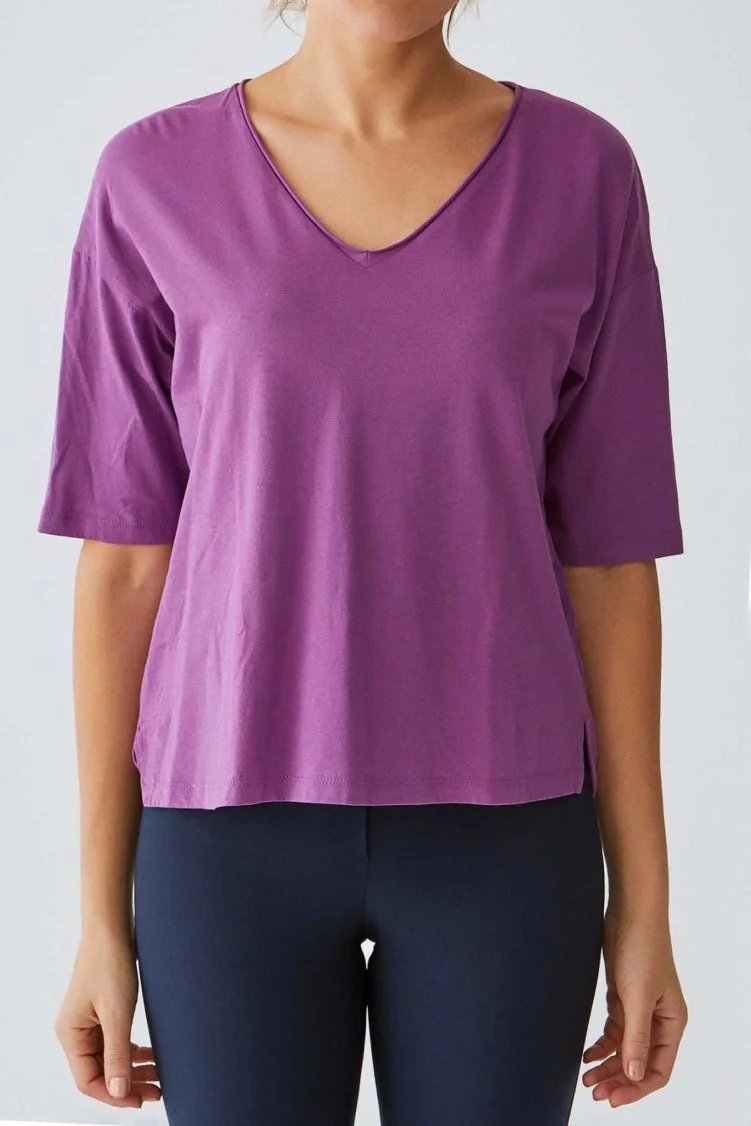 V Yaka Basic T-Shirt Fuşya - 3