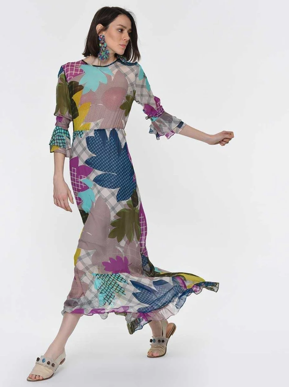 Çiçek Desenli Uzun Şifon Elbise Standart Renk - 3