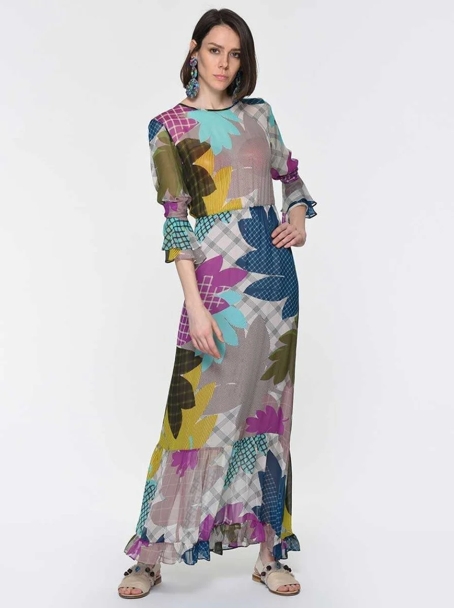 Çiçek Desenli Uzun Şifon Elbise Standart Renk - 1