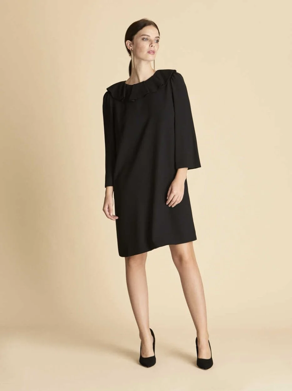  Fırfır Yakalı Mini Elbise Siyah - 1