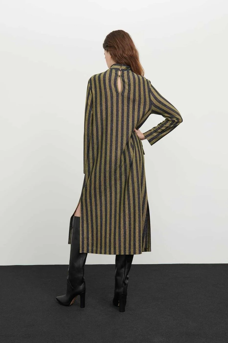 Çizgi Örme Uzun Kol Midi Elbise Standart Renk - 2