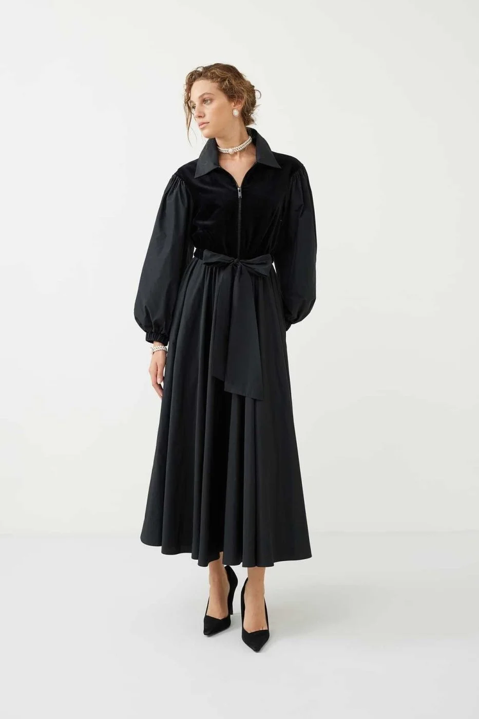 Balon Kol Fermuarlı Midi Elbise Siyah - 1